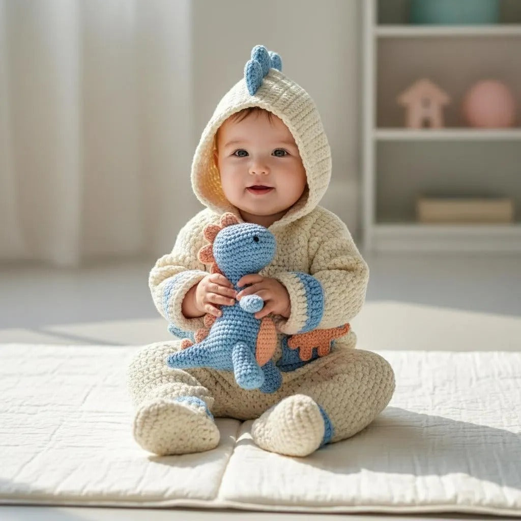 Crochet Dinosaur Baby Romper, Handmade Hooded Dino Newborn Outfit, Baby Boy Photo Prop, First Halloween Costume, Baby Shower Gift