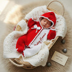 Personalized Crochet Baby Romper, Custom Name Christmas Outfit, Red White Hooded Jumpsuit, Newborn Photo Prop, Baby’s First Christmas Gift