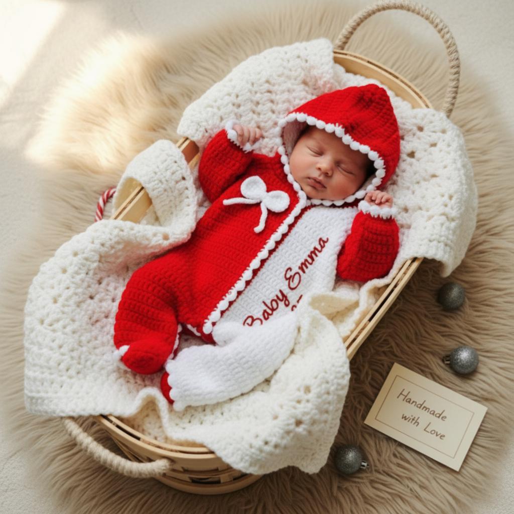 Personalized Crochet Baby Romper, Custom Name Christmas Outfit, Red White Hooded Jumpsuit, Newborn Photo Prop, Baby’s First Christmas Gift
