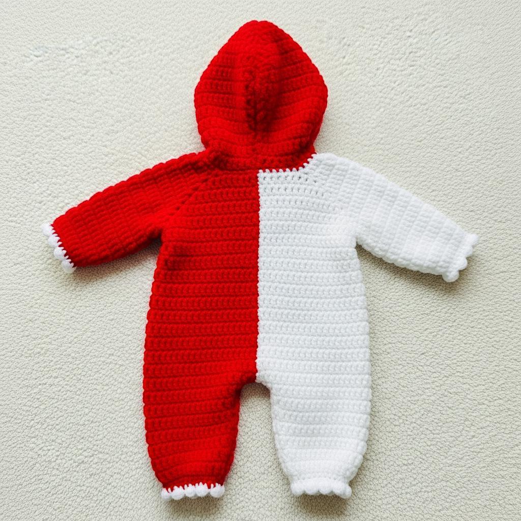 Personalized Crochet Baby Romper, Custom Name Christmas Outfit, Red White Hooded Jumpsuit, Newborn Photo Prop, Baby’s First Christmas Gift