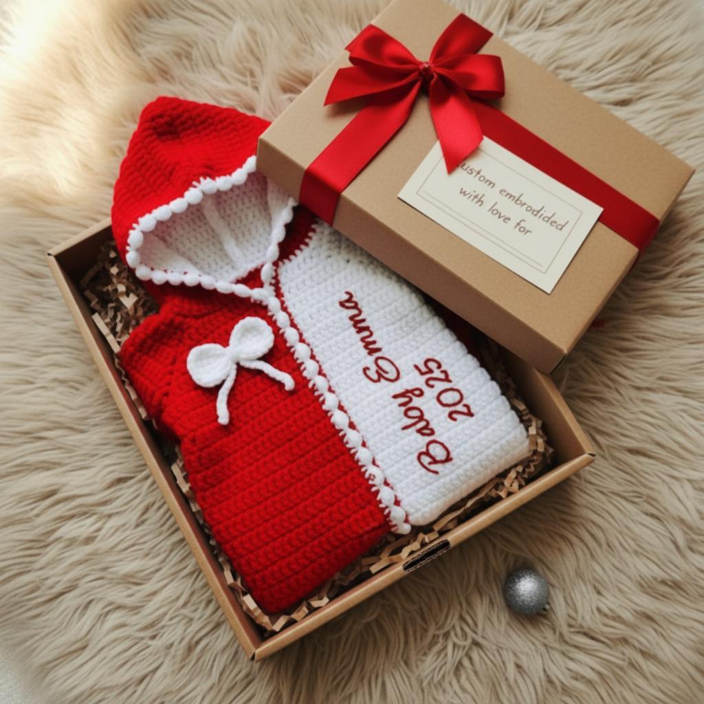 Personalized Crochet Baby Romper, Custom Name Christmas Outfit, Red White Hooded Jumpsuit, Newborn Photo Prop, Baby’s First Christmas Gift