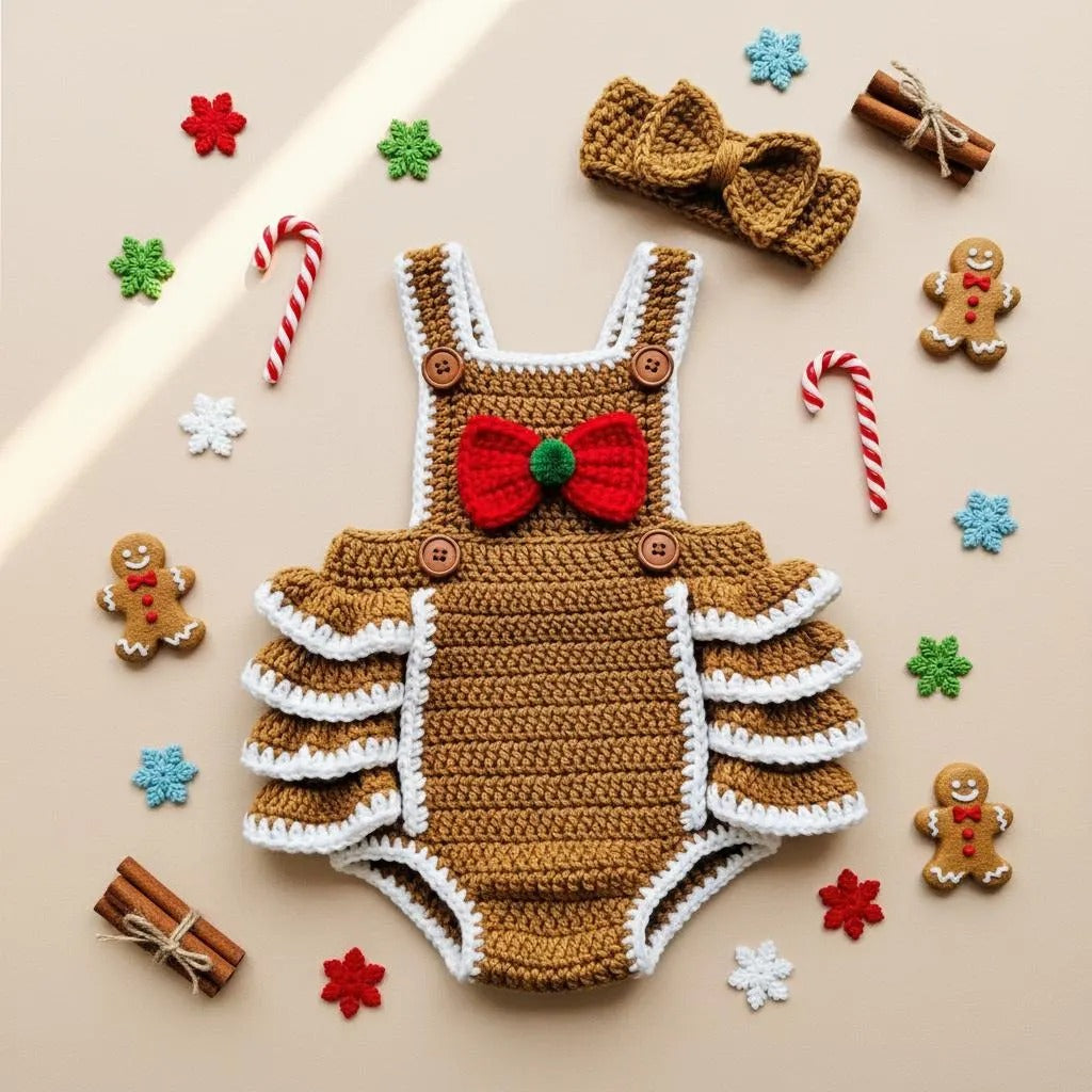 Crochet Gingerbread Baby Romper, Handmade Christmas Outfit with Bow Headband, Newborn Photo Prop, First Christmas Gift