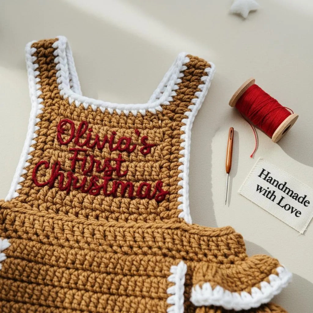 Crochet Gingerbread Baby Romper, Handmade Christmas Outfit with Bow Headband, Newborn Photo Prop, First Christmas Gift