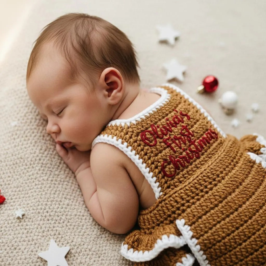 Crochet Gingerbread Baby Romper, Handmade Christmas Outfit with Bow Headband, Newborn Photo Prop, First Christmas Gift
