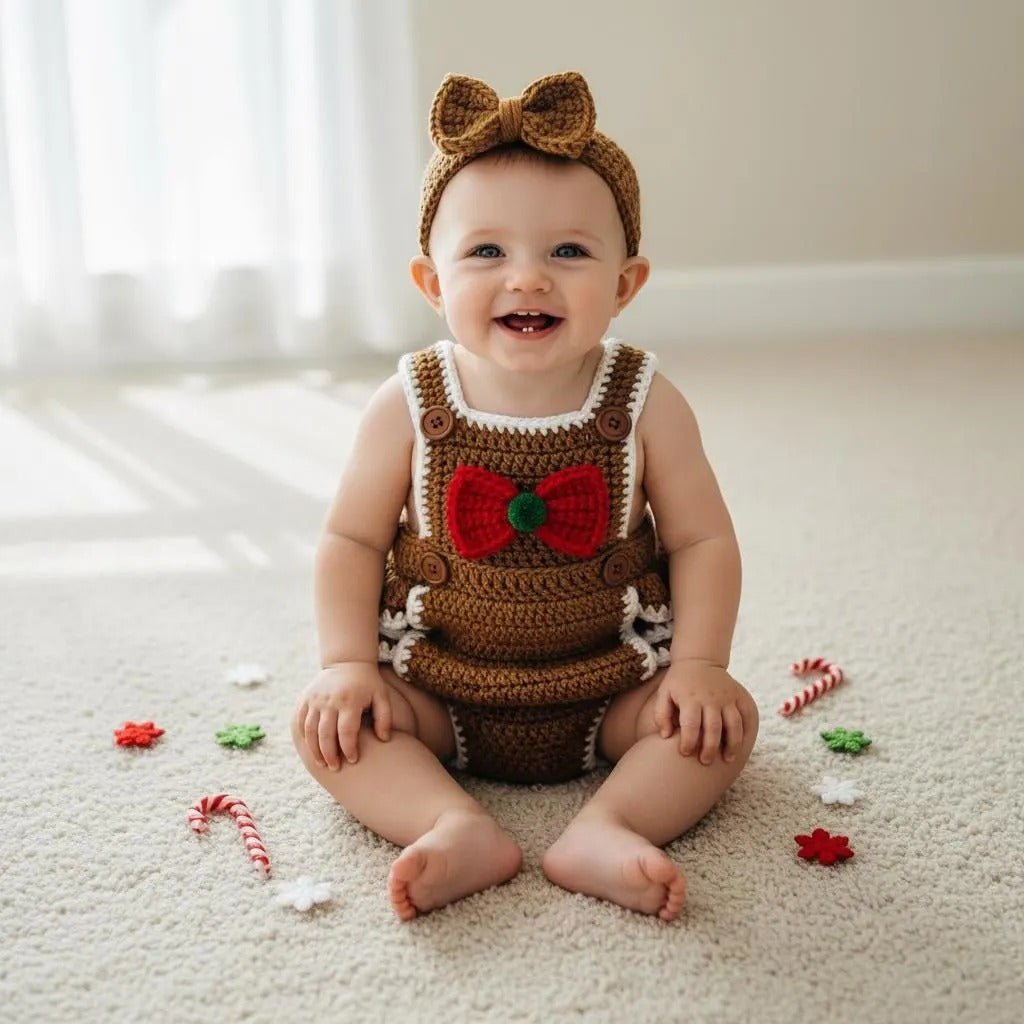 Crochet Gingerbread Baby Romper, Handmade Christmas Outfit with Bow Headband, Newborn Photo Prop, First Christmas Gift