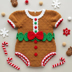 Crochet Gingerbread Baby Romper, Handmade Christmas Outfit with Red Bow, Newborn Photo Prop, Baby’s First Christmas Gift