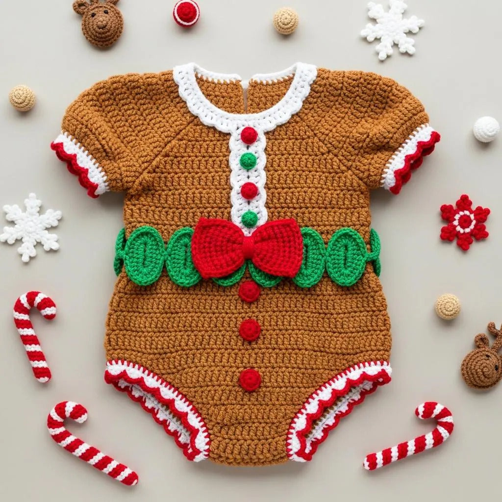 Crochet Gingerbread Baby Romper, Handmade Christmas Outfit with Red Bow, Newborn Photo Prop, Baby’s First Christmas Gift