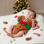 Crochet Gingerbread Baby Romper, Handmade Christmas Outfit with Red Bow, Newborn Photo Prop, Baby’s First Christmas Gift