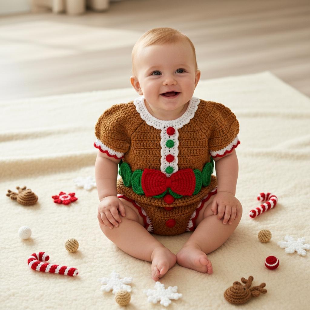 Crochet Gingerbread Baby Romper, Handmade Christmas Outfit with Red Bow, Newborn Photo Prop, Baby’s First Christmas Gift
