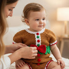 Crochet Gingerbread Baby Romper, Handmade Christmas Outfit with Red Bow, Newborn Photo Prop, Baby’s First Christmas Gift