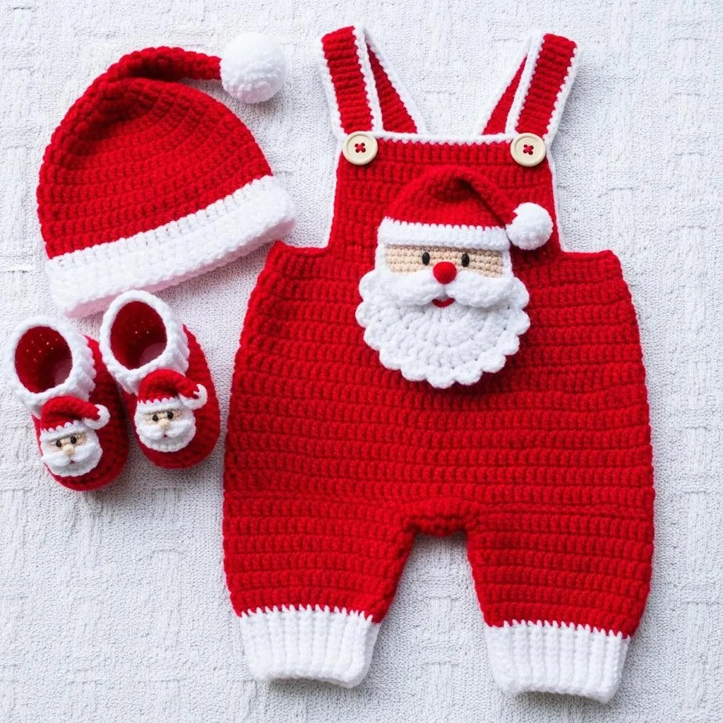 Handmade Crochet Santa Baby Outfit, Newborn Christmas Romper, Hat and Booties Set