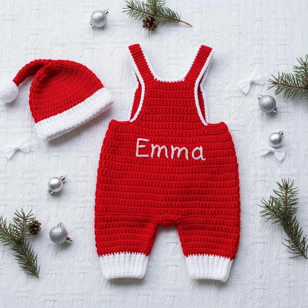 Handmade Crochet Santa Baby Outfit, Newborn Christmas Romper, Hat and Booties Set