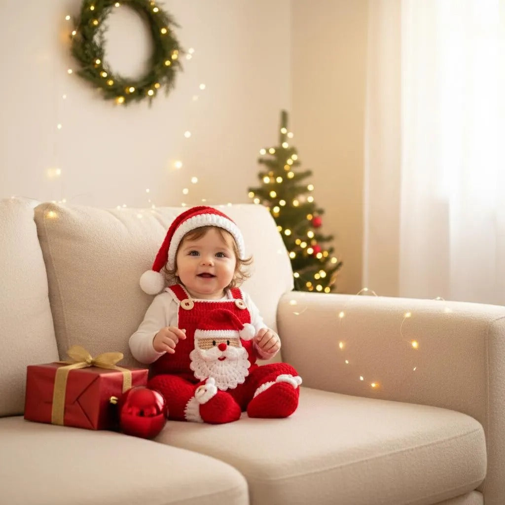 Handmade Crochet Santa Baby Outfit, Newborn Christmas Romper, Hat and Booties Set
