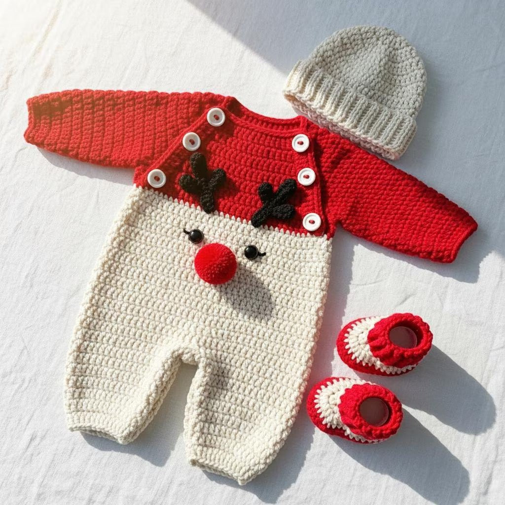 Crochet Baby Christmas Outfit, Handmade Reindeer Romper with Hat & Booties, Newborn Photo Prop
