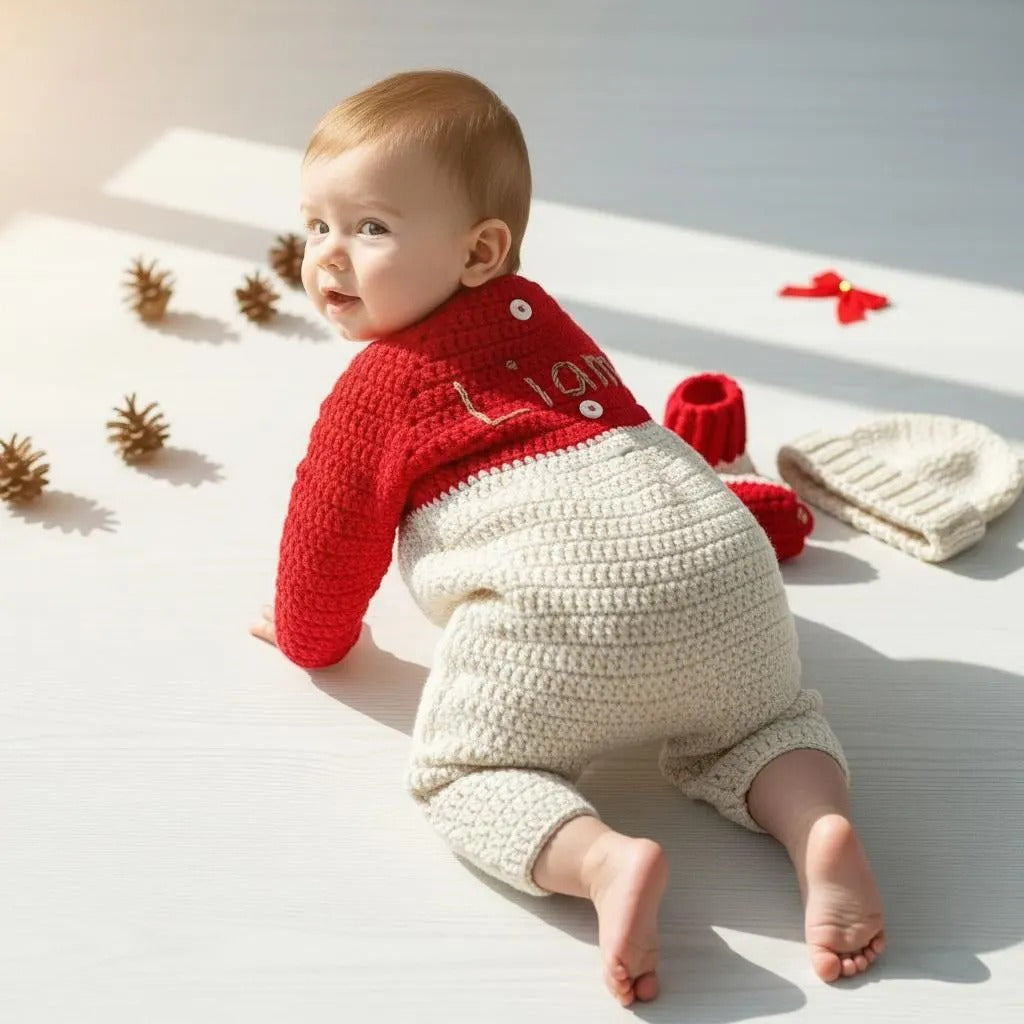 Crochet Baby Christmas Outfit, Handmade Reindeer Romper with Hat & Booties, Newborn Photo Prop