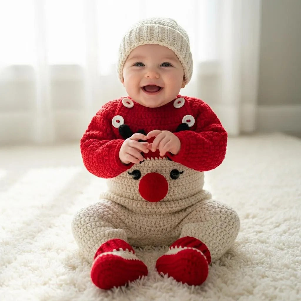 Crochet Baby Christmas Outfit, Handmade Reindeer Romper with Hat & Booties, Newborn Photo Prop