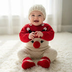 Crochet Baby Christmas Outfit, Handmade Reindeer Romper with Hat & Booties, Newborn Photo Prop