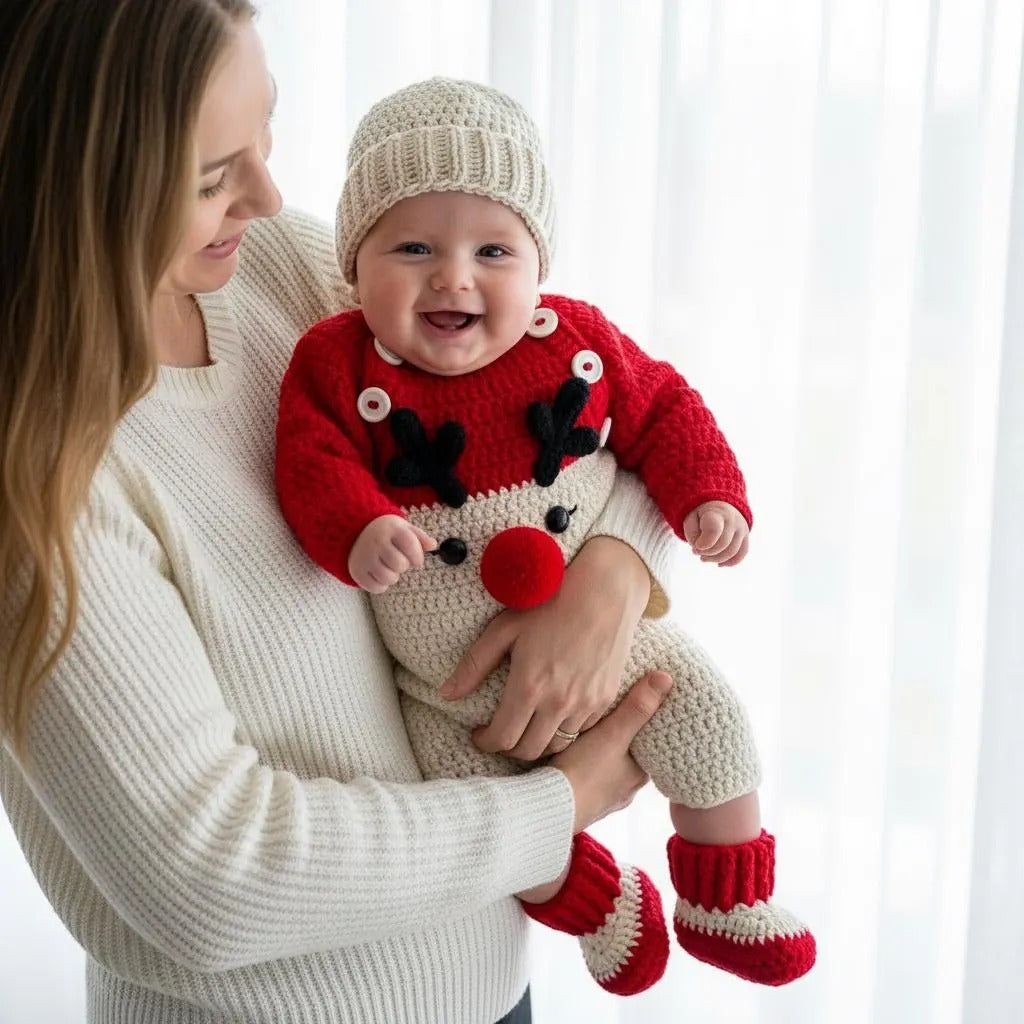 Crochet Baby Christmas Outfit, Handmade Reindeer Romper with Hat & Booties, Newborn Photo Prop