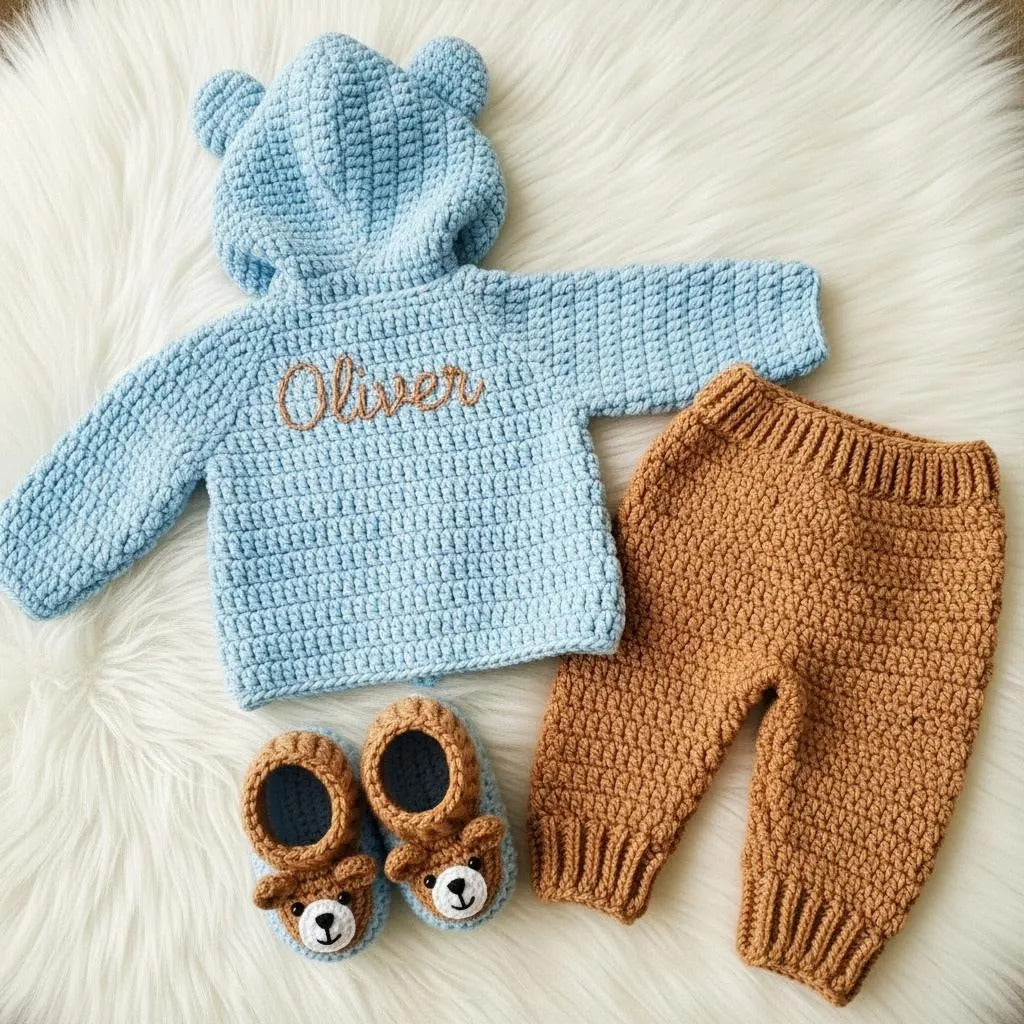 Handmade Crochet Teddy Bear Baby Outfit, Blue Hooded Cardigan Pants & Booties Set, Newborn Coming Home Outfit, Baby Shower Gift