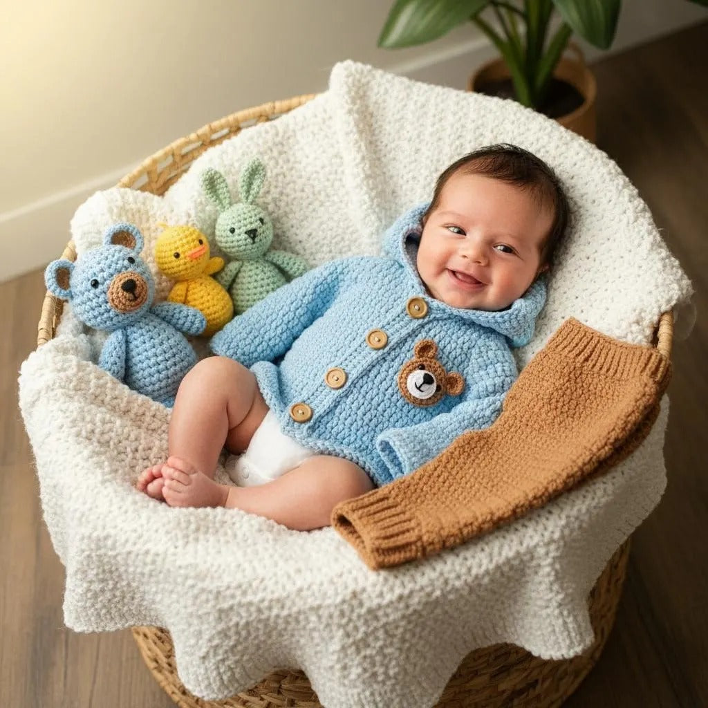 Handmade Crochet Teddy Bear Baby Outfit, Blue Hooded Cardigan Pants & Booties Set, Newborn Coming Home Outfit, Baby Shower Gift