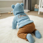 Handmade Crochet Teddy Bear Baby Outfit, Blue Hooded Cardigan Pants & Booties Set, Newborn Coming Home Outfit, Baby Shower Gift