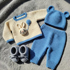 Crochet Baby Outfit Set, Bunny Sweater, Blue Pants, Bear Ear Hat and Booties, Newborn Photo Prop, Coming Home Outfit, Baby Shower Gift