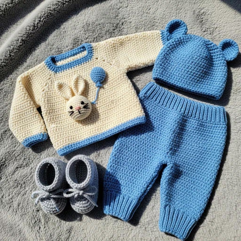 Crochet Baby Outfit Set, Bunny Sweater, Blue Pants, Bear Ear Hat and Booties, Newborn Photo Prop, Coming Home Outfit, Baby Shower Gift