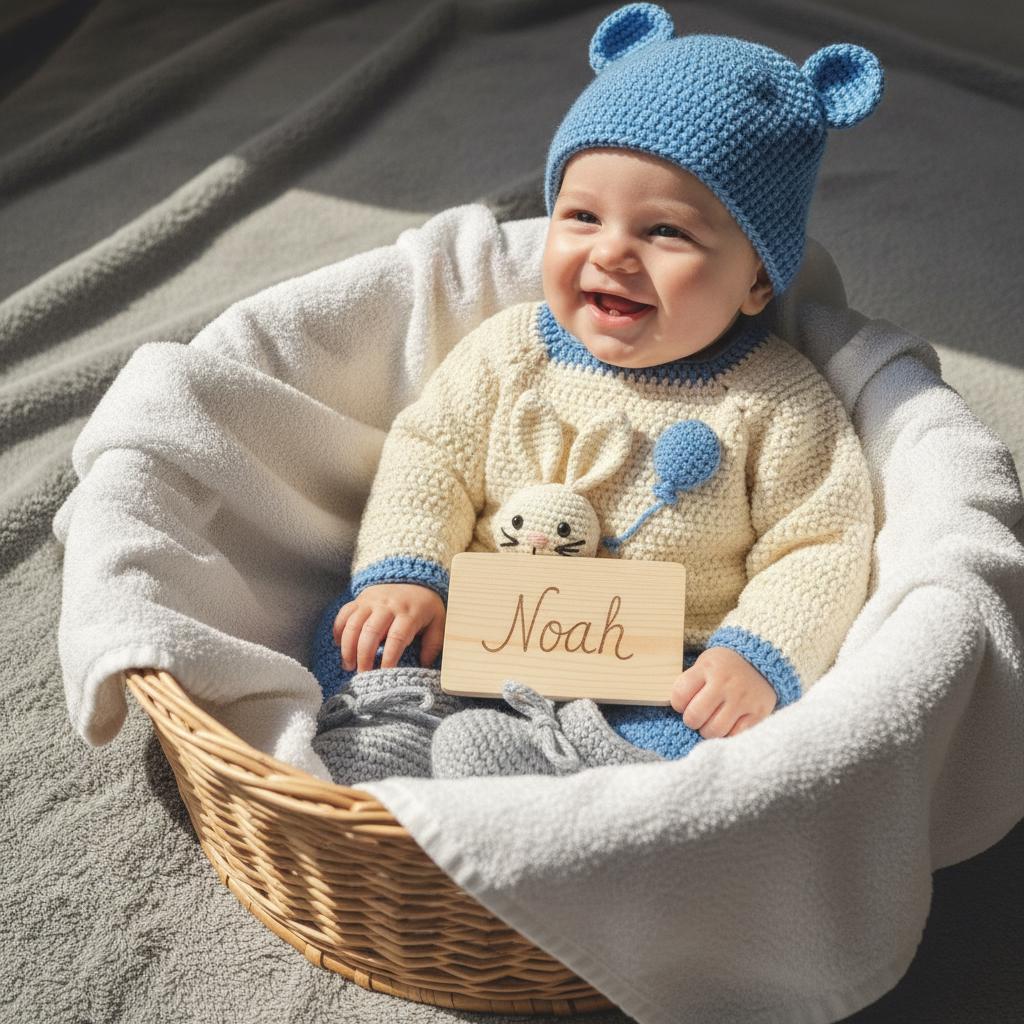 Crochet Baby Outfit Set, Bunny Sweater, Blue Pants, Bear Ear Hat and Booties, Newborn Photo Prop, Coming Home Outfit, Baby Shower Gift