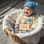 Crochet Baby Outfit Set, Bunny Sweater, Blue Pants, Bear Ear Hat and Booties, Newborn Photo Prop, Coming Home Outfit, Baby Shower Gift