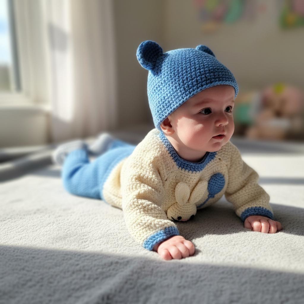 Crochet Baby Outfit Set, Bunny Sweater, Blue Pants, Bear Ear Hat and Booties, Newborn Photo Prop, Coming Home Outfit, Baby Shower Gift
