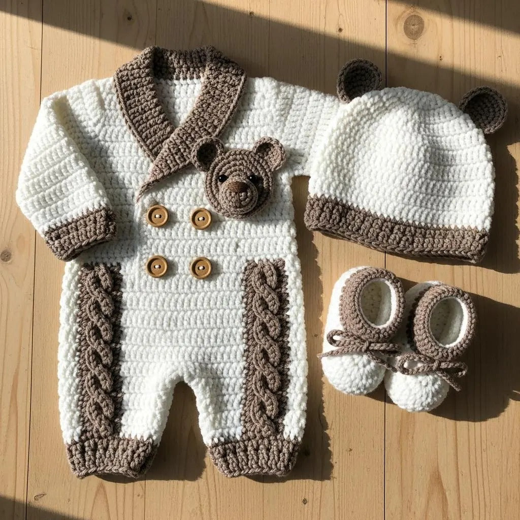 Crochet Teddy Bear Baby Outfit, Handmade Romper Hat & Booties Set, Newborn Coming Home Outfit, Baby Shower Gift