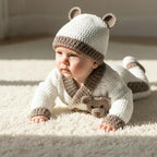 Crochet Teddy Bear Baby Outfit, Handmade Romper Hat & Booties Set, Newborn Coming Home Outfit, Baby Shower Gift
