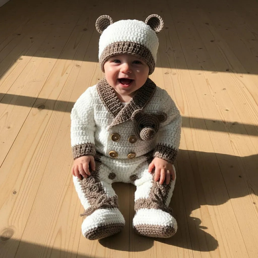 Crochet Teddy Bear Baby Outfit, Handmade Romper Hat & Booties Set, Newborn Coming Home Outfit, Baby Shower Gift