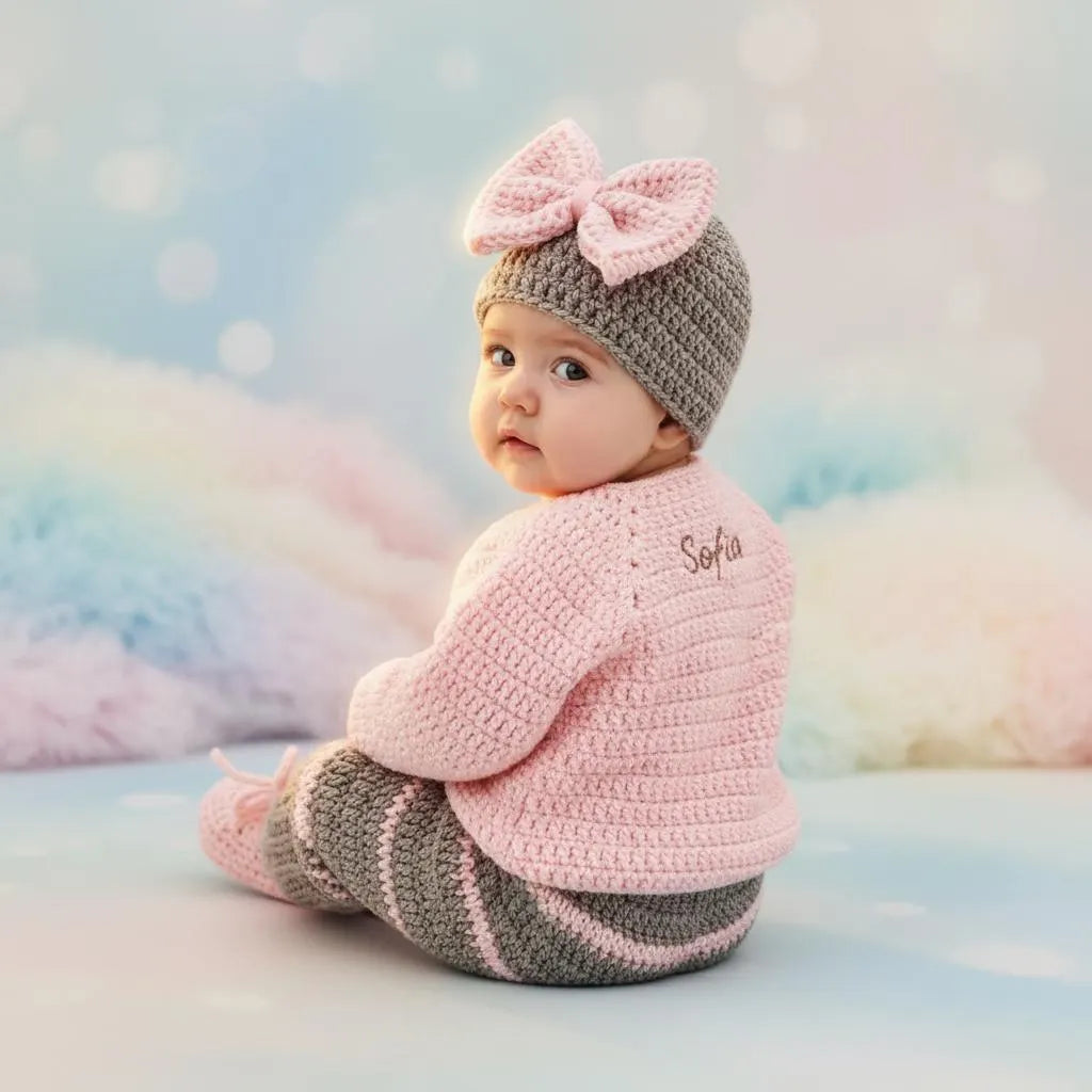 Crochet Zebra Baby Outfit Set, Pink Cardigan, Pants, Bow Hat and Booties, Newborn Photo Prop, Coming Home Outfit, Baby Shower Gift