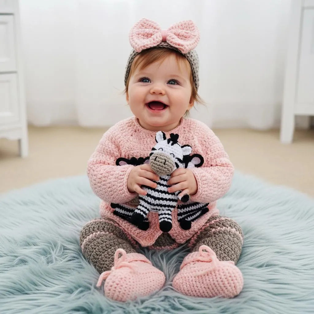 Crochet Zebra Baby Outfit Set, Pink Cardigan, Pants, Bow Hat and Booties, Newborn Photo Prop, Coming Home Outfit, Baby Shower Gift
