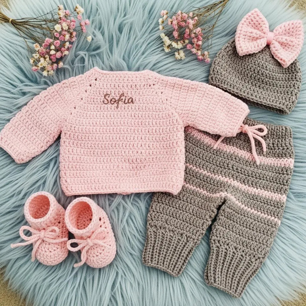 Crochet Zebra Baby Outfit Set, Pink Cardigan, Pants, Bow Hat and Booties, Newborn Photo Prop, Coming Home Outfit, Baby Shower Gift