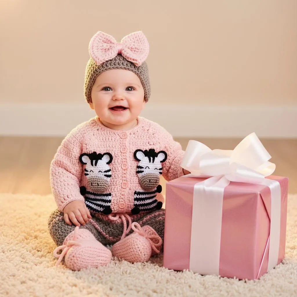 Crochet Zebra Baby Outfit Set, Pink Cardigan, Pants, Bow Hat and Booties, Newborn Photo Prop, Coming Home Outfit, Baby Shower Gift
