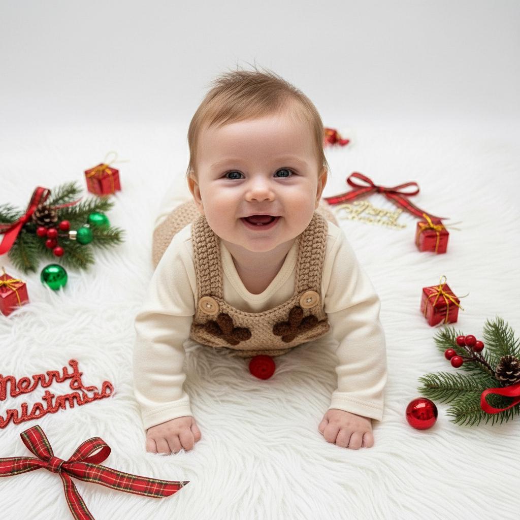 Crochet Reindeer Baby Romper, Handmade Christmas Overalls, Newborn Photo Prop, Baby’s First Christmas Outfit, Holiday Baby Gift