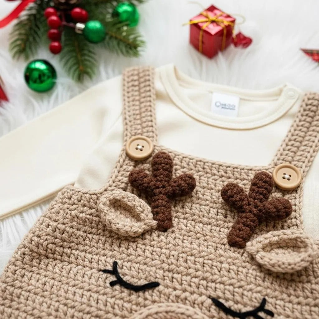 Crochet Reindeer Baby Romper, Handmade Christmas Overalls, Newborn Photo Prop, Baby’s First Christmas Outfit, Holiday Baby Gift