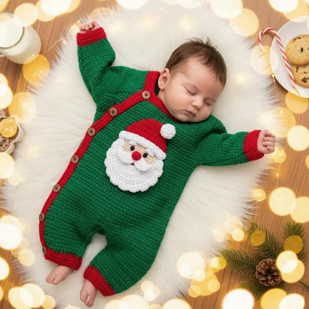 Crochet Santa Baby Romper, Handmade Christmas Newborn Outfit, Baby’s First Christmas Photo Prop, Holiday Baby Gift