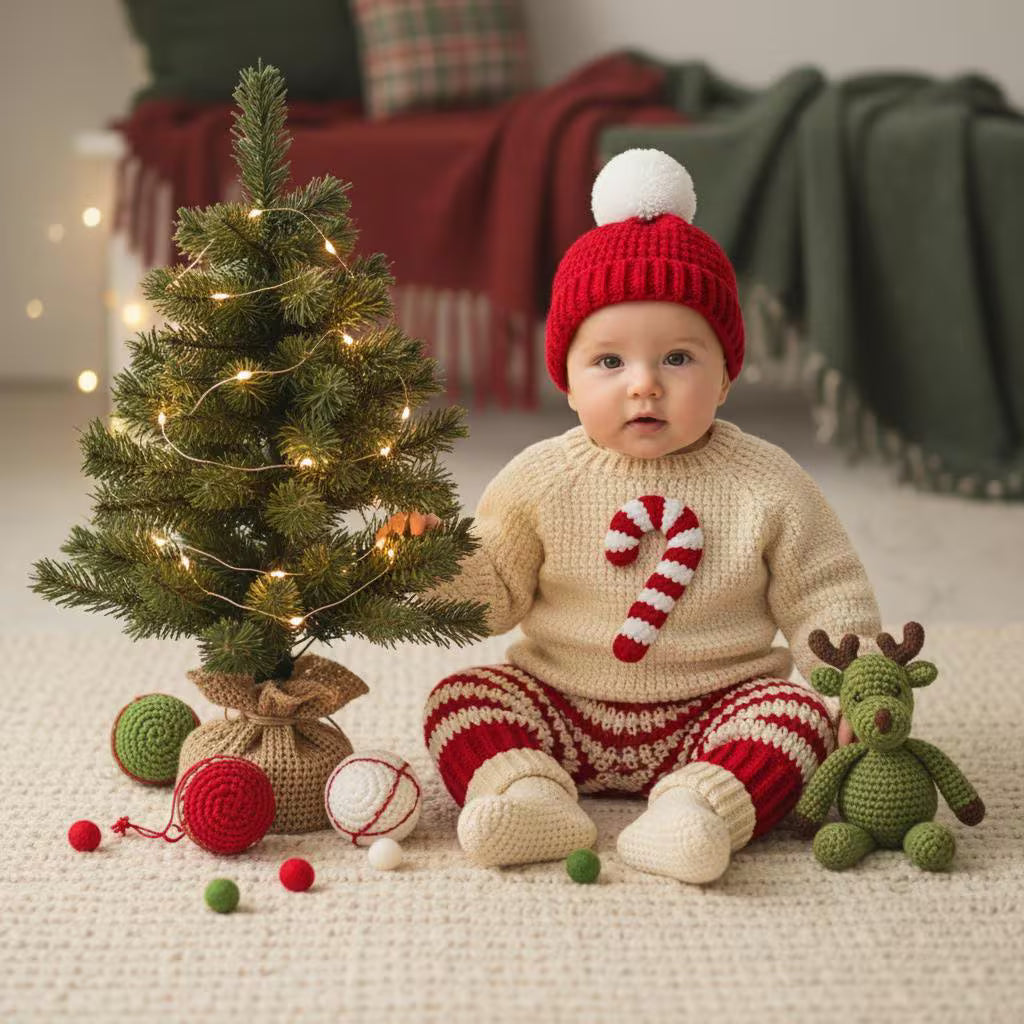 Crochet Baby Christmas Outfit, Candy Cane Sweater Set with Hat, Pants and Booties, Newborn Photo Prop, Baby’s First Christmas Gift