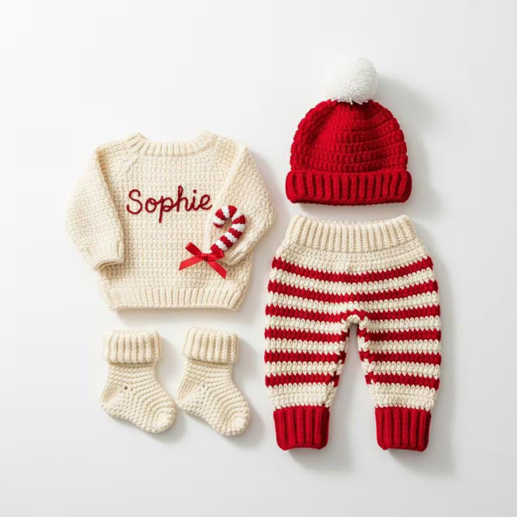 Crochet Baby Christmas Outfit, Candy Cane Sweater Set with Hat, Pants and Booties, Newborn Photo Prop, Baby’s First Christmas Gift