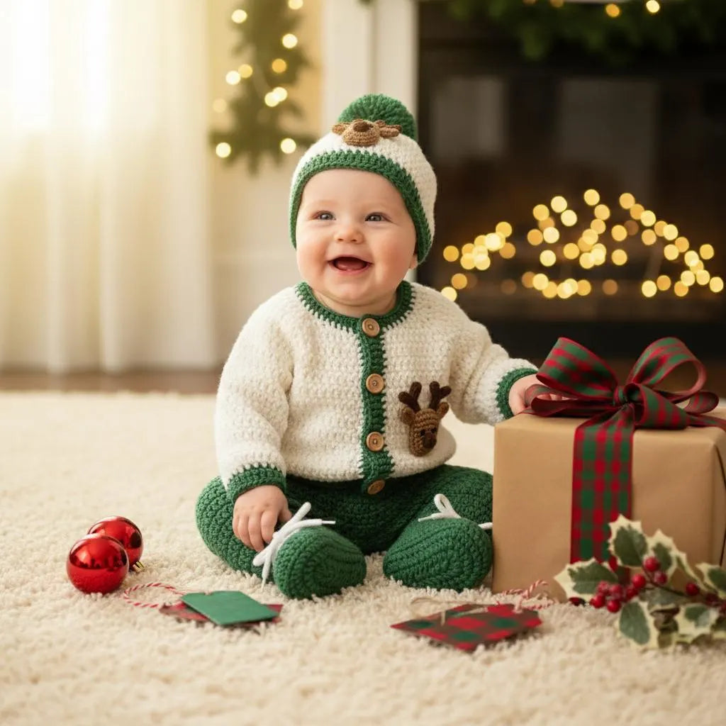 Crochet Reindeer Baby Outfit Set, Cardigan Pants Hat and Booties, Newborn Christmas Photo Prop, Coming Home Outfit, Baby Shower Gift