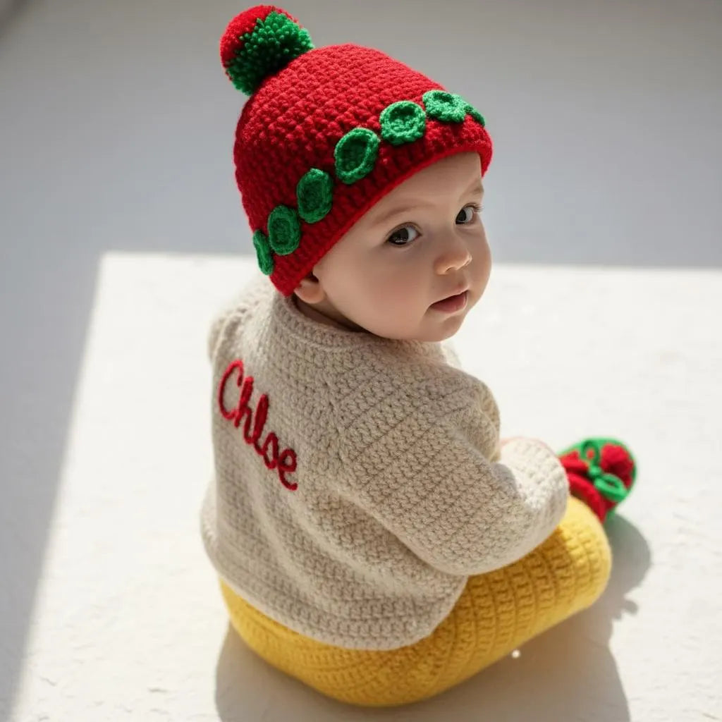 Crochet Strawberry Baby Outfit Set, Sweater Pants Hat and Booties, Newborn Photo Prop, Berry First Birthday, Baby Shower Gift