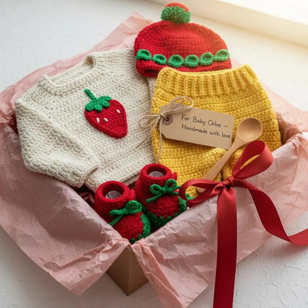 Crochet Strawberry Baby Outfit Set, Sweater Pants Hat and Booties, Newborn Photo Prop, Berry First Birthday, Baby Shower Gift