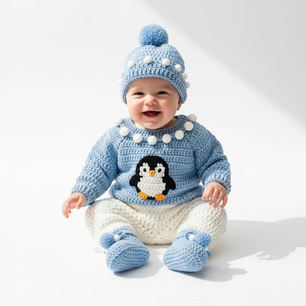 Crochet Penguin Baby Outfit Set, Blue Sweater, Pants, Pom Hat and Booties, Newborn Photo Prop, Coming Home Outfit, Baby Shower Gift