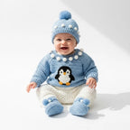 Crochet Penguin Baby Outfit Set, Blue Sweater, Pants, Pom Hat and Booties, Newborn Photo Prop, Coming Home Outfit, Baby Shower Gift