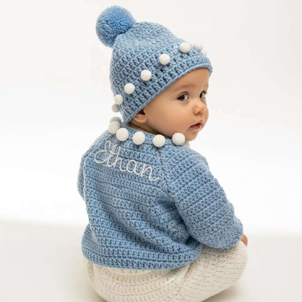 Crochet Penguin Baby Outfit Set, Blue Sweater, Pants, Pom Hat and Booties, Newborn Photo Prop, Coming Home Outfit, Baby Shower Gift