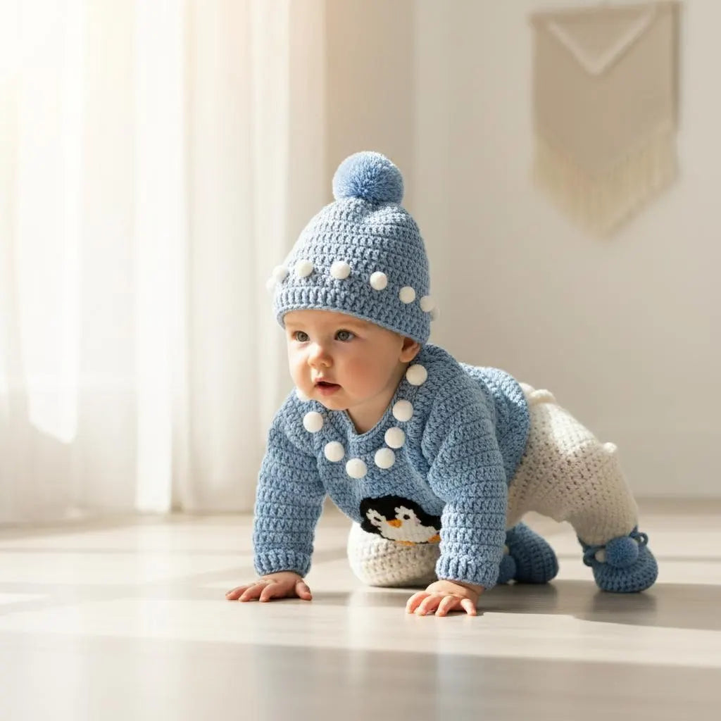 Crochet Penguin Baby Outfit Set, Blue Sweater, Pants, Pom Hat and Booties, Newborn Photo Prop, Coming Home Outfit, Baby Shower Gift