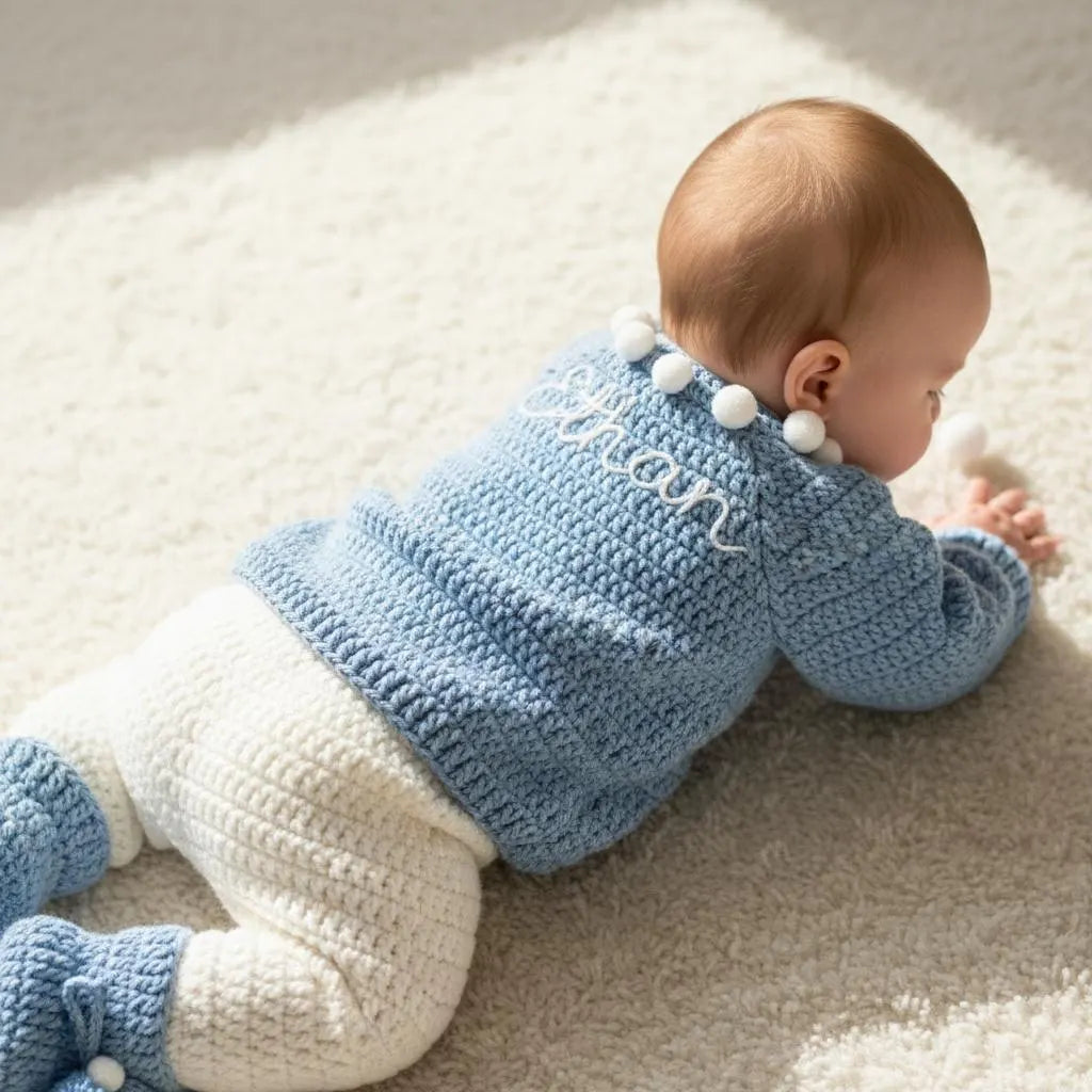 Crochet Penguin Baby Outfit Set, Blue Sweater, Pants, Pom Hat and Booties, Newborn Photo Prop, Coming Home Outfit, Baby Shower Gift